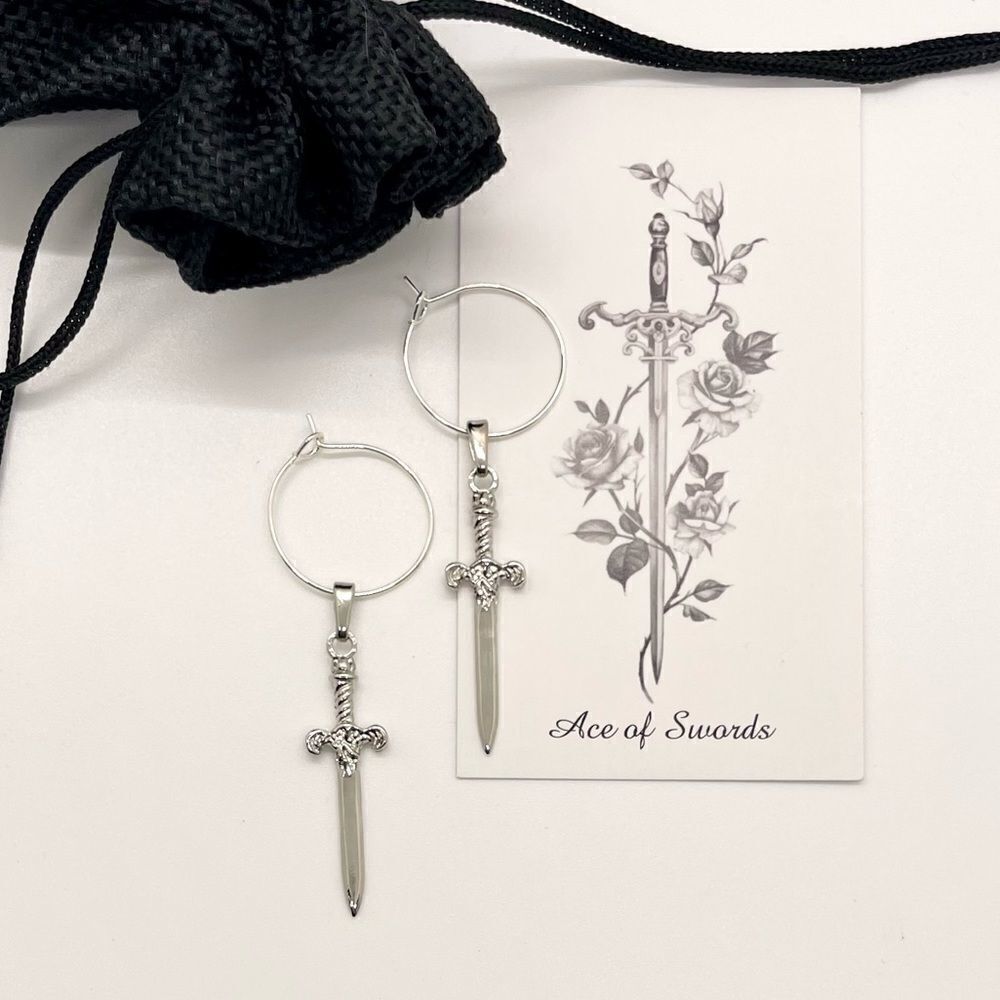 HighMaintenanceHippie Small Silver Drop Hoop Earrings with Excalibur Swords